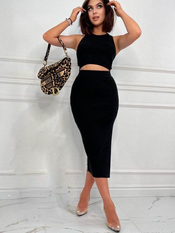 Levoire | Femmes Top sans teinture Slim Fit Jupe fendue Ensemble deux pièces