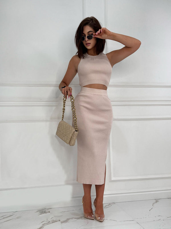 Levoire | Femmes Top sans teinture Slim Fit Jupe fendue Ensemble deux pièces