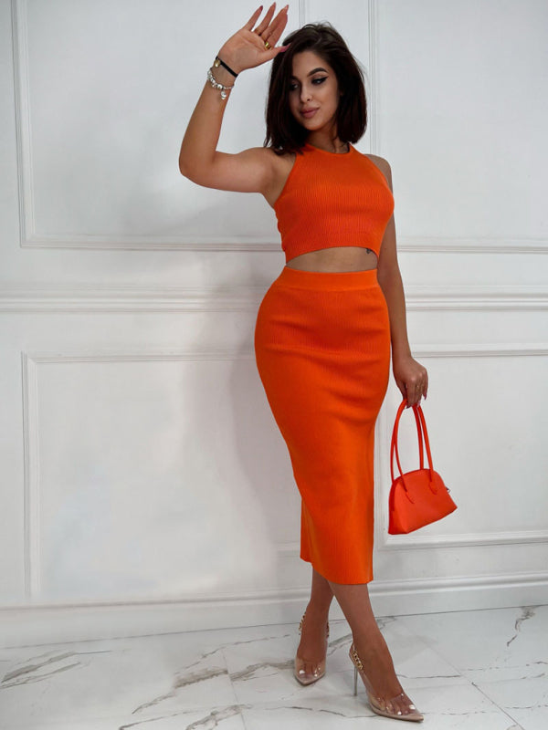 Levoire | Femmes Top sans teinture Slim Fit Jupe fendue Ensemble deux pièces Orange
