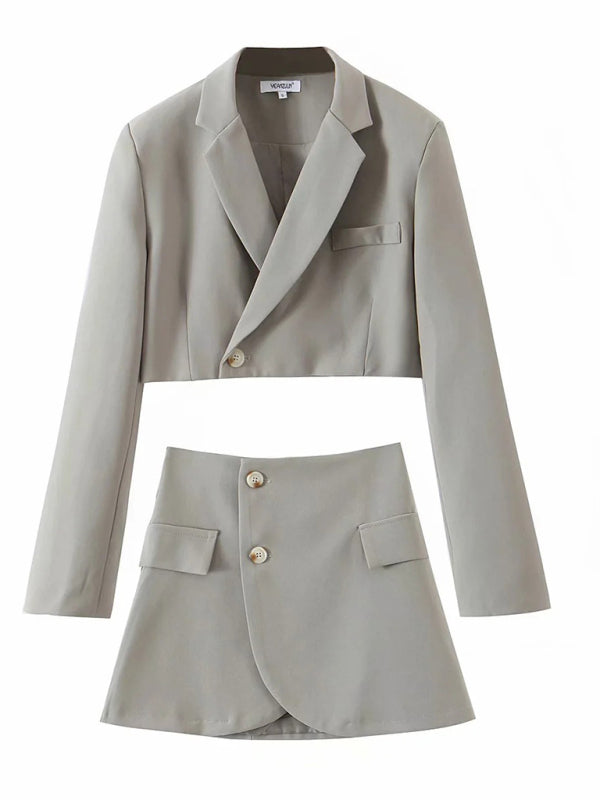 Levoire | Nouvelle veste courte décontractée à bouton en biais tendance + ensemble jupe haute à poches Harmaa