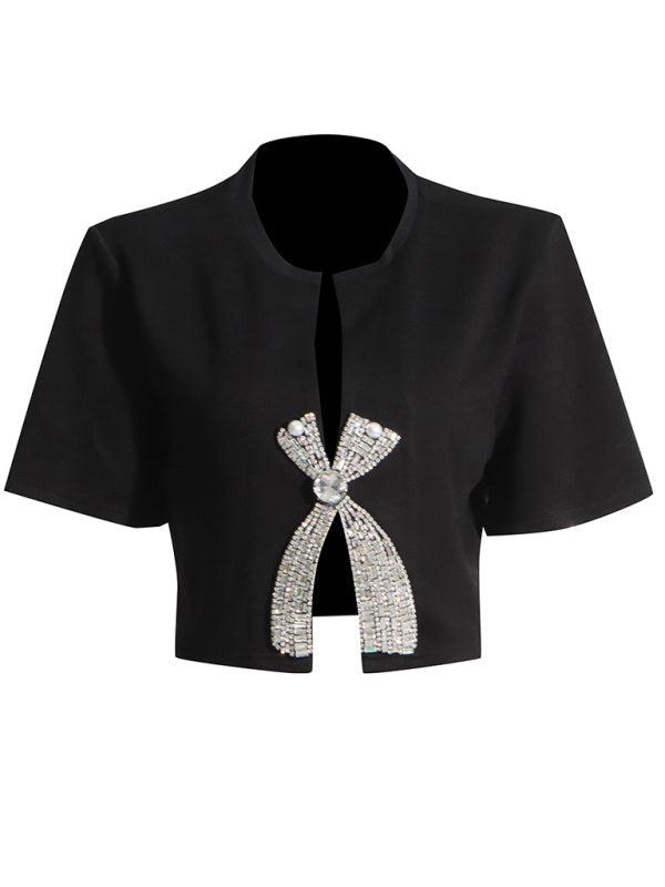 Levoire | Nouveau style à strass diamantés à mancherons courts unicolore top fendu