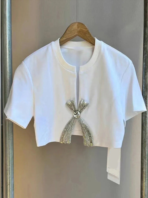 Levoire | Nouveau style à strass diamantés à mancherons courts unicolore top fendu Blanc