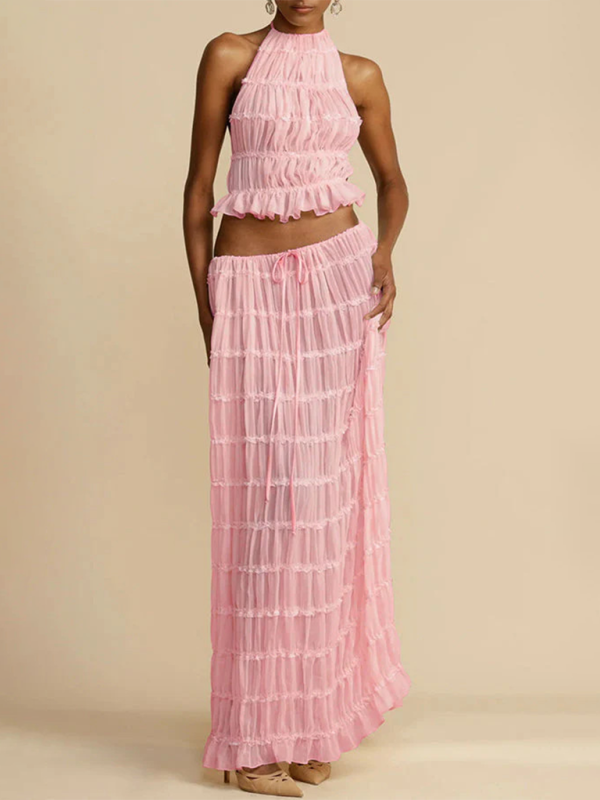 Levoire | Jupe longue en chiffon avec un dos ouvert, dotée d'un ruban et composée de deux pièces, avec des boucle d'oreilles. Rosa
