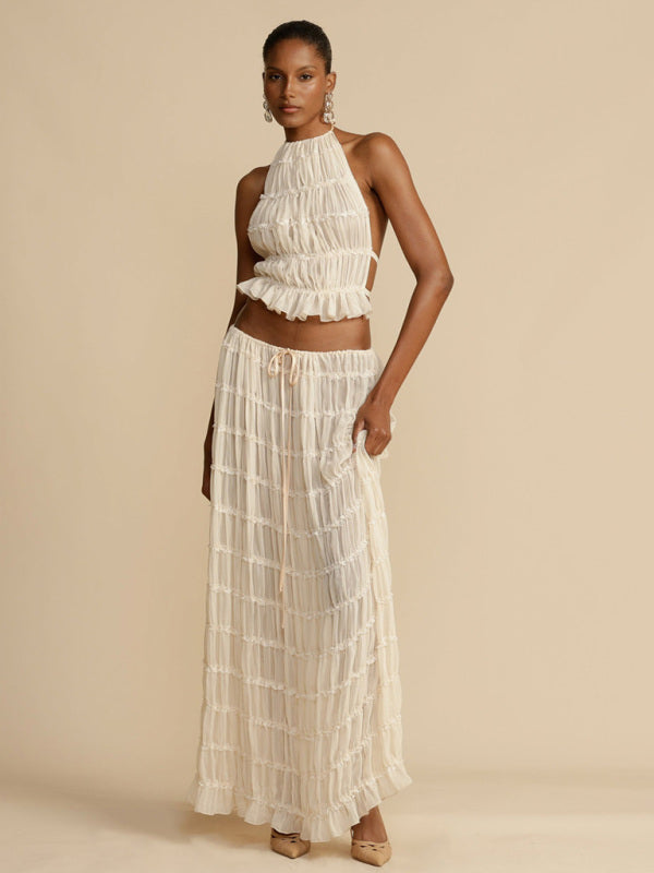 Levoire | Jupe longue en chiffon avec un dos ouvert, dotée d'un ruban et composée de deux pièces, avec des boucle d'oreilles. Blanc