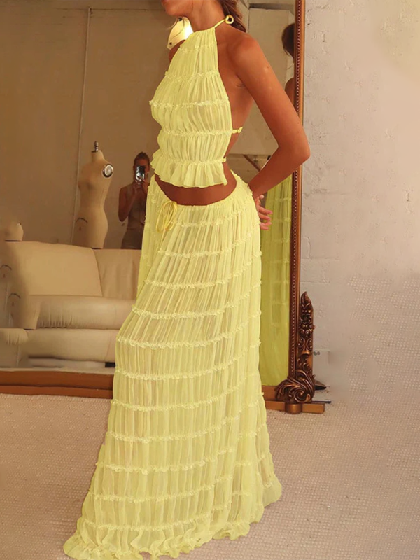 Levoire | Jupe longue en chiffon avec un dos ouvert, dotée d'un ruban et composée de deux pièces, avec des boucle d'oreilles. Jaune