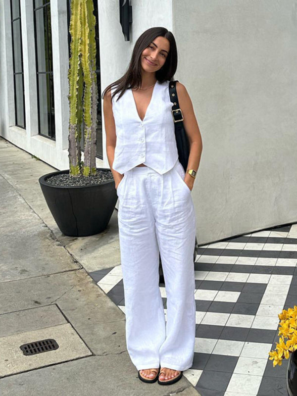 Levoire | Uusi décontracté et moderne gilet sans manches, gilet et pantalon ensemble deux pièces Blanc