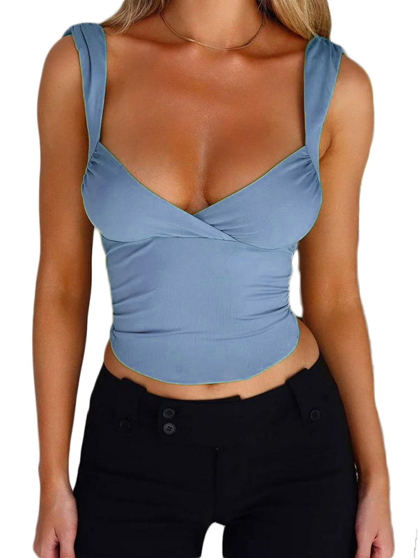 Levoire | Printemps et été femmes pulls croisés grand décolleté en V dos ouvert traçage de ruban top modèle Sininen