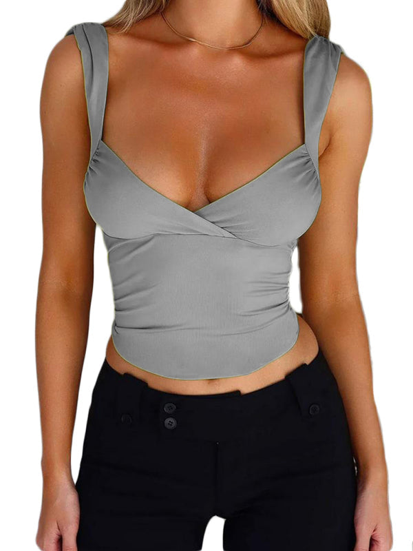 Levoire | Printemps et été femmes pulls croisés grand décolleté en V dos ouvert traçage de ruban top modèle Harmaa