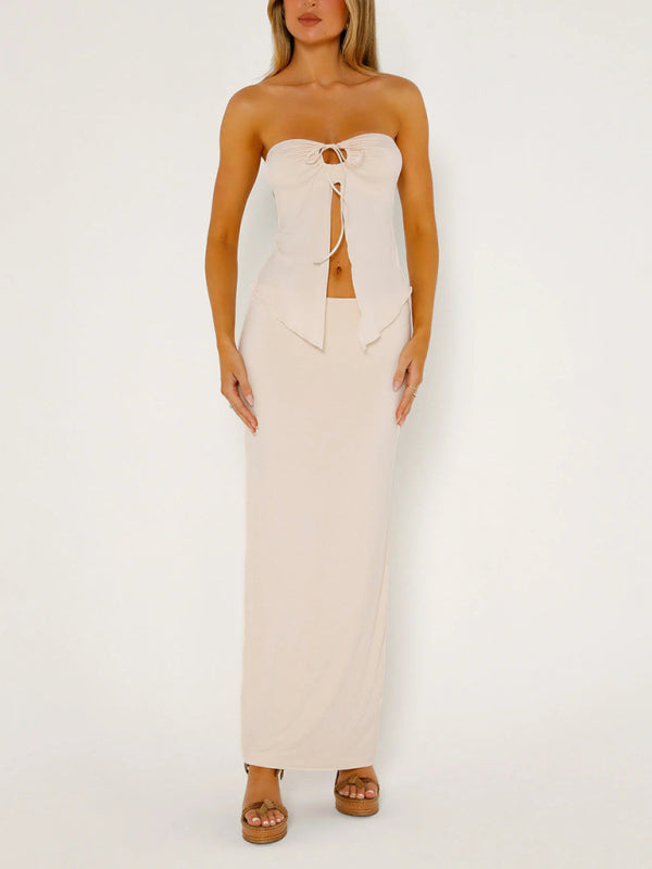 Levoire | Temperament uni couleur sans bretelles tulle double couche fente pipe intermédiaire longue jupe tenue