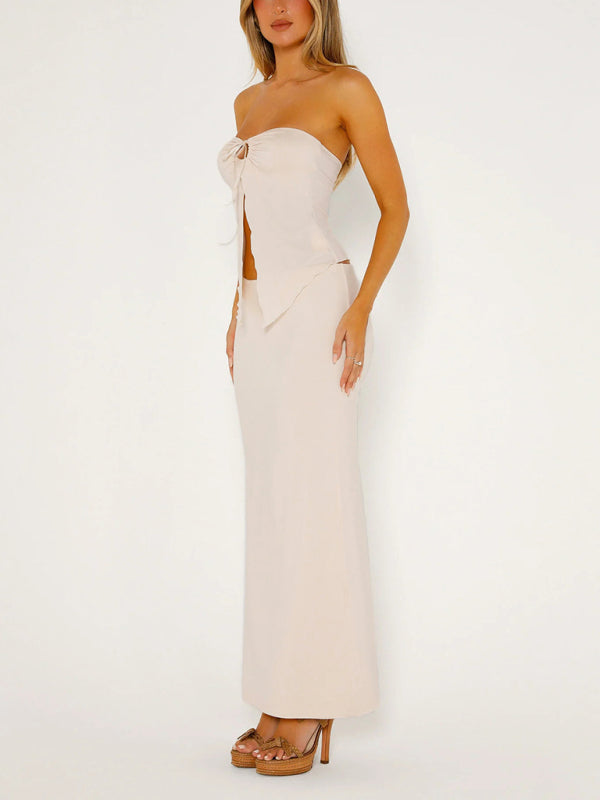 Levoire | Temperament uni couleur sans bretelles tulle double couche fente pipe intermédiaire longue jupe tenue