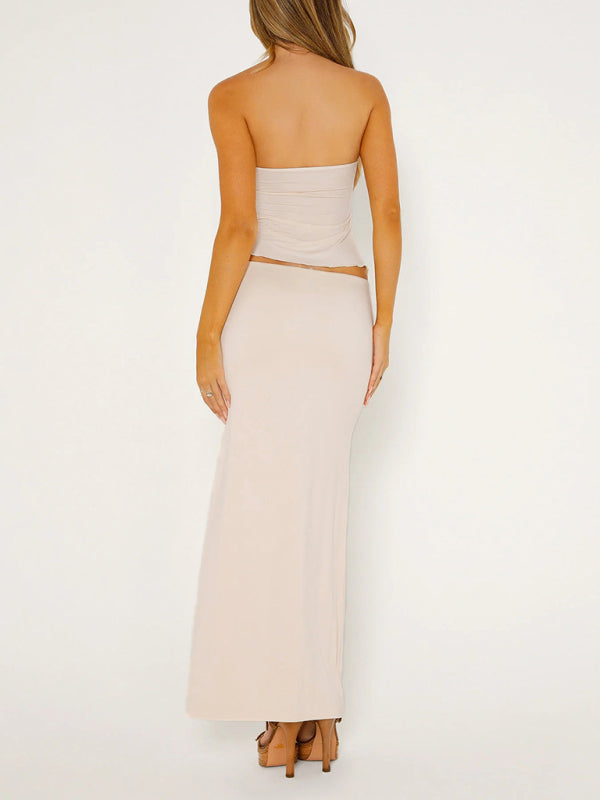 Levoire | Temperament uni couleur sans bretelles tulle double couche fente pipe intermédiaire longue jupe tenue
