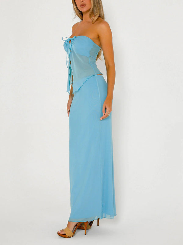 Levoire | Temperament uni couleur sans bretelles tulle double couche fente pipe intermédiaire longue jupe tenue
