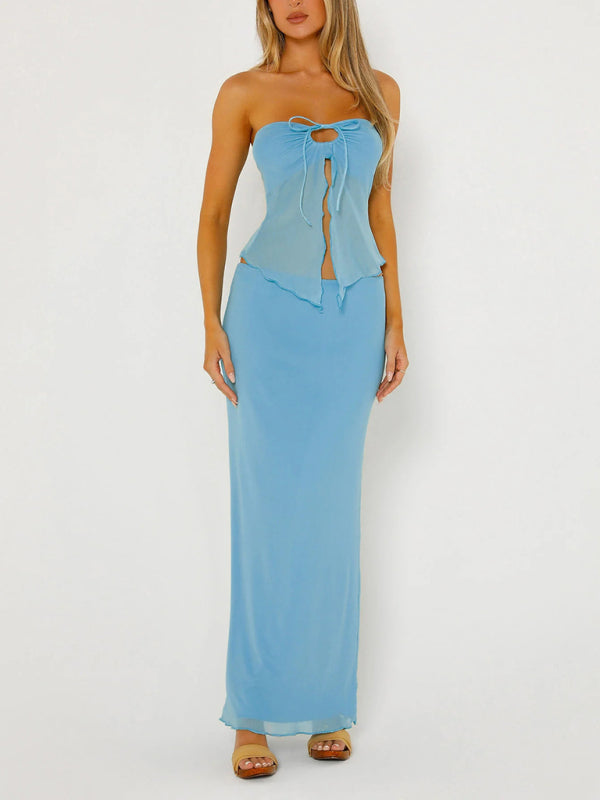 Levoire | Temperament uni couleur sans bretelles tulle double couche fente pipe intermédiaire longue jupe tenue Azul ciel