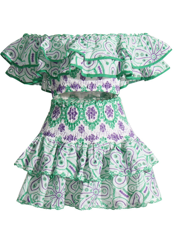 Levoire | Nouvelle blouse courte à col français, jupe à couches haute taille, ensemble deux pièces sexy Vert