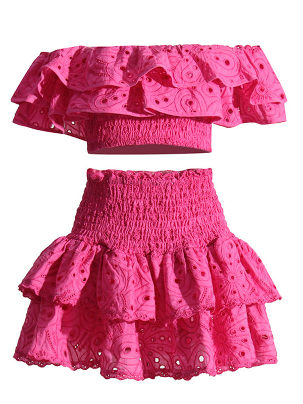 Levoire | Nouvelle blouse courte à col français, jupe à couches haute taille, ensemble deux pièces sexy Rosa