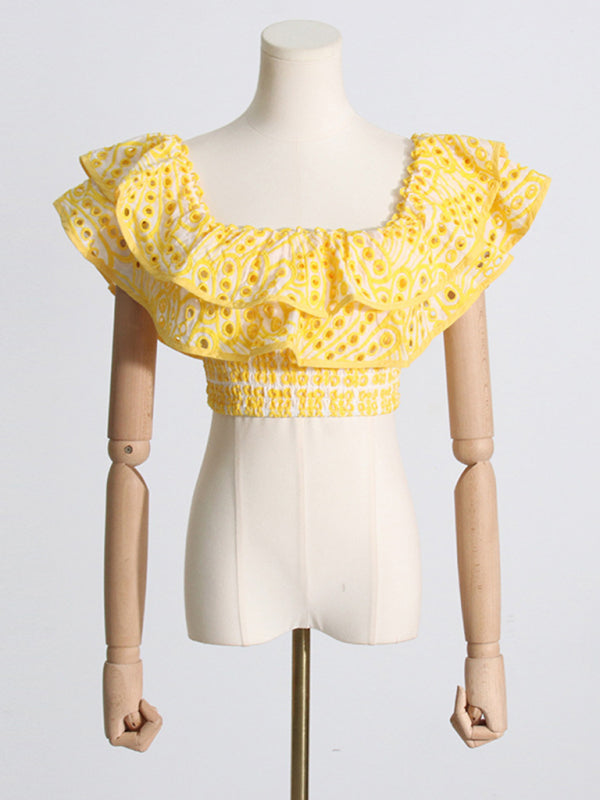Levoire | Nouvelle blouse courte à col français, jupe à couches haute taille, ensemble deux pièces sexy
