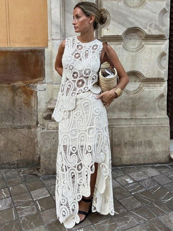 Levoire | Vêtements pour femmes Retro Mi-fente Étagère Forme Irrégulière Col Rond Sans Manches T-shirt + Jupe Ensemble