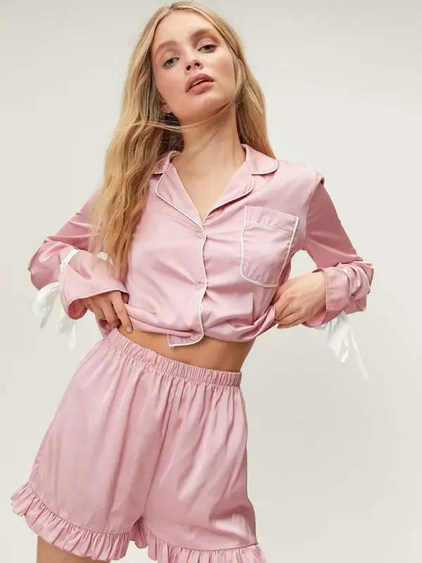 Levoire | Nouveau style de chemise à col retourné à manches longues, short pouvant être porté comme vêtements de maison et pyjamas, ensemble deux pièces Rosa