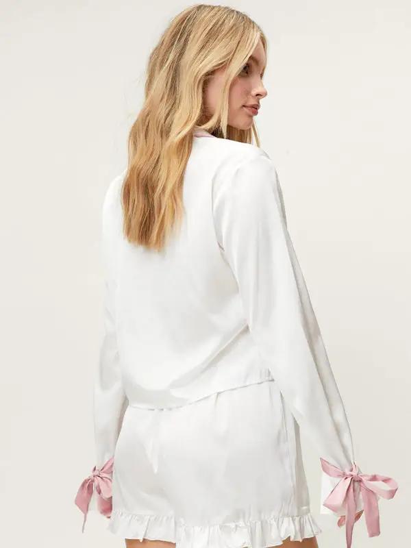 Levoire | Nouveau style de chemise à col retourné à manches longues, short pouvant être porté comme vêtements de maison et pyjamas, ensemble deux pièces