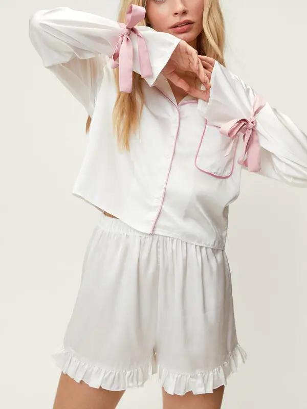 Levoire | Nouveau style de chemise à col retourné à manches longues, short pouvant être porté comme vêtements de maison et pyjamas, ensemble deux pièces Blanc