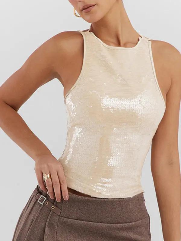 Levoire | Nouveau style Haut à nouer Slim Fit Patches découpe au dos bretelles uni top à sequins Cracker khaki