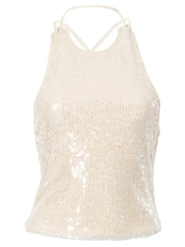 Levoire | Nouveau style Haut à nouer Slim Fit Patches découpe au dos bretelles uni top à sequins