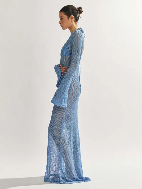 Levoire | Nouveau style tricoté à manches longues dos nu ouvert sexy transparent longueur maxi au sol