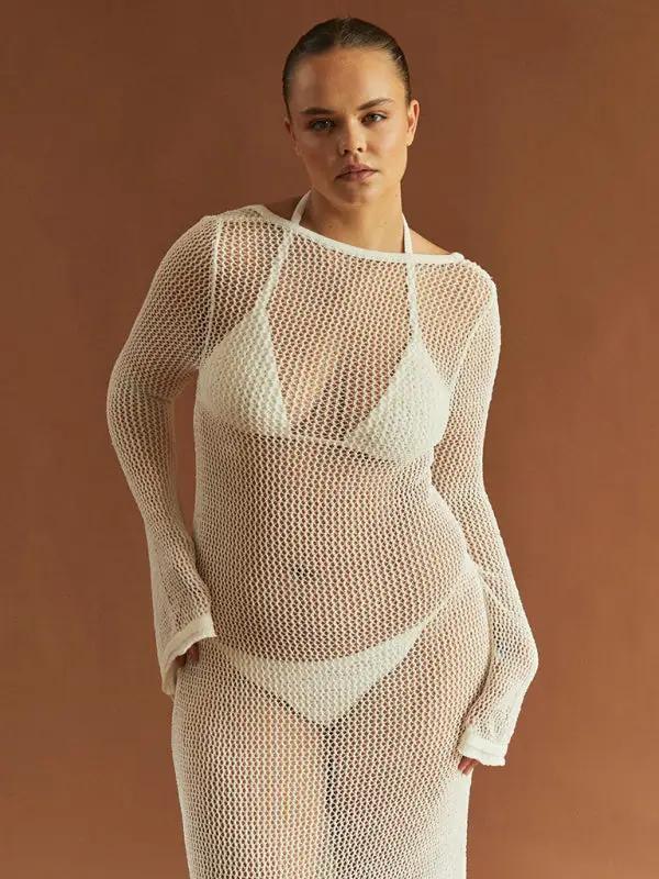 Levoire | Nouveau style tricoté à manches longues dos nu ouvert sexy transparent longueur maxi au sol Blanc