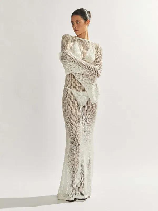 Levoire | Nouveau style tricoté à manches longues dos nu ouvert sexy transparent longueur maxi au sol