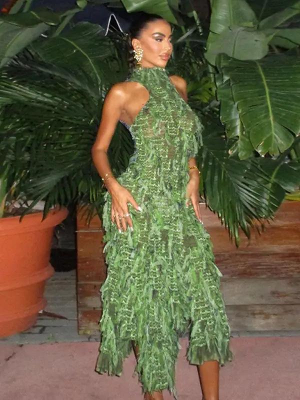 Levoire | Femme nouvelle sexy col haut sans manches frange transparent taille haute mince robe longue Vert