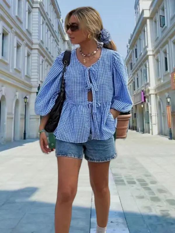 Levoire | Nouvelle belle chemise polyvalente sans manches col rond à manches bouffantes Bleu