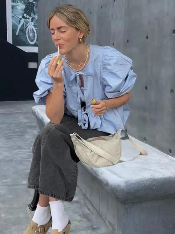 Levoire | Nouvelle belle chemise polyvalente sans manches col rond à manches bouffantes Ciel bleu azur