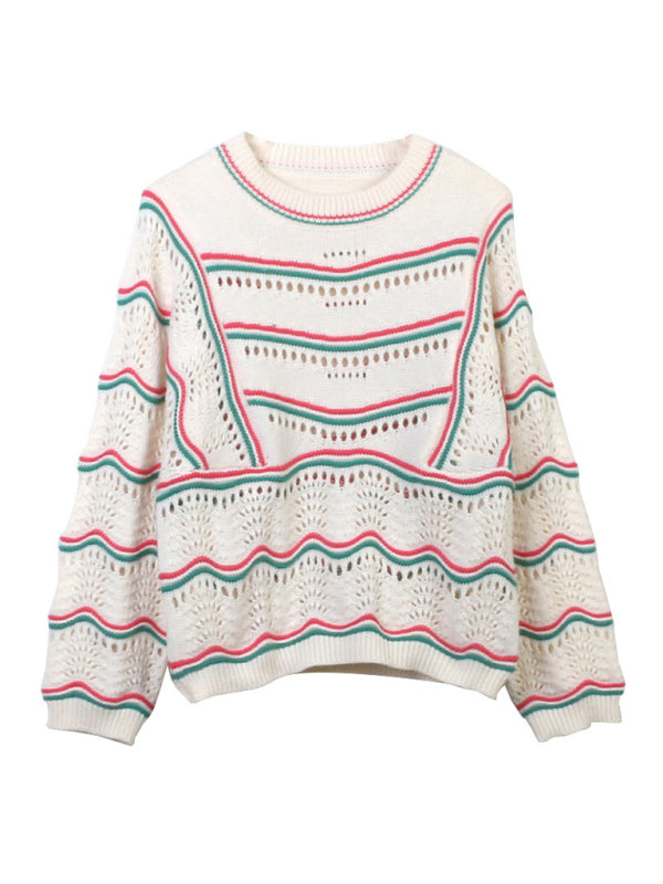 Levoire | Modish et mignon pull en crochet avec des rayures contrastées Krem