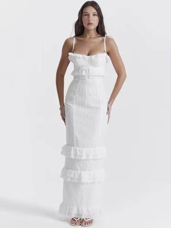 Levoire | Femmes nouvelle robe sexy blanche bande velcro bretelles jupe longue robe française Blanc