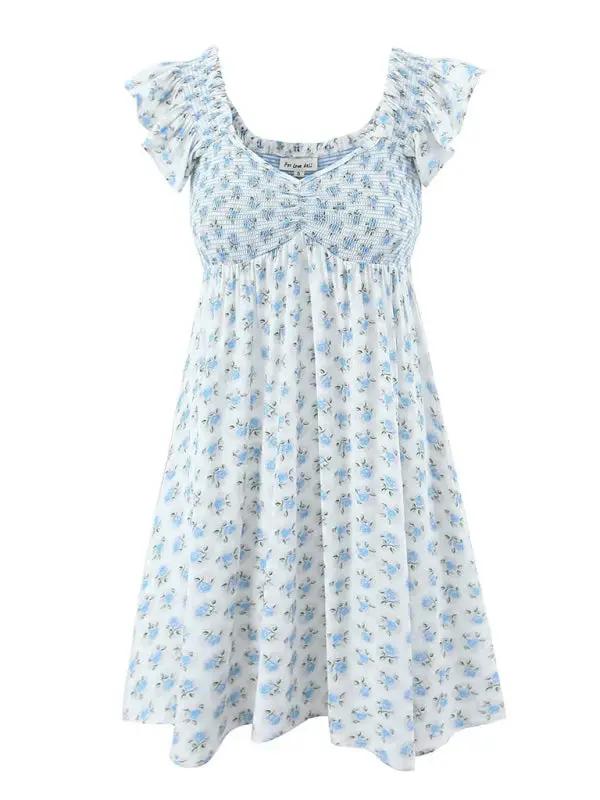 Levoire | Nouveau style à manches volantes élastiques plissées V-neck robe bleue à fleurs Bleu