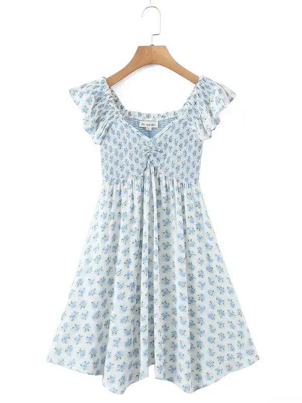 Levoire | Nouveau style à manches volantes élastiques plissées V-neck robe bleue à fleurs