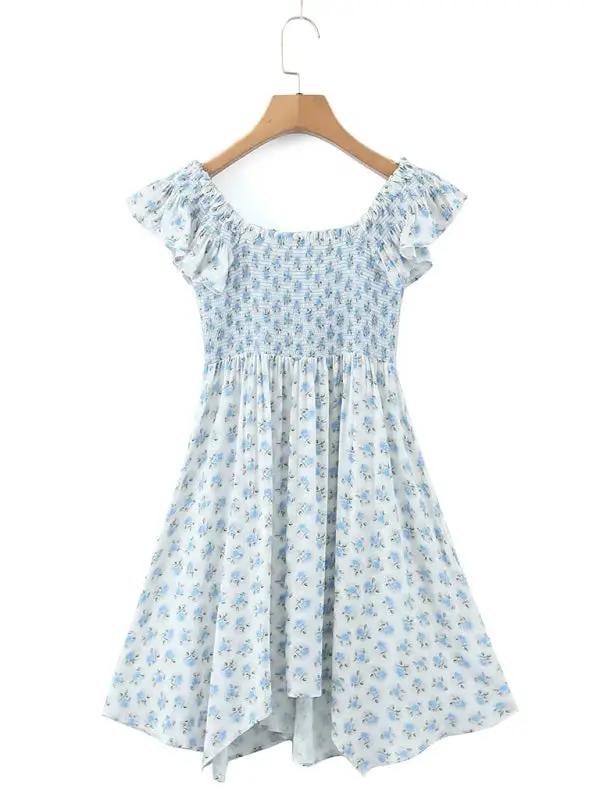 Levoire | Nouveau style à manches volantes élastiques plissées V-neck robe bleue à fleurs
