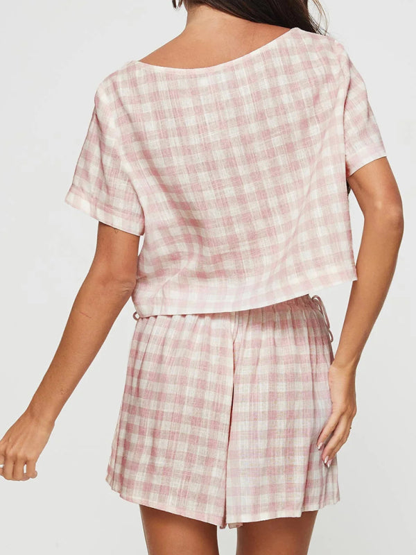 Levoire | Nouveau top à rayures roses avec boutons tricotés, shorts, costume décontracté
