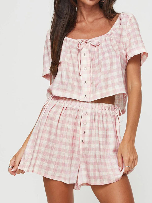 Levoire | Nouveau top à rayures roses avec boutons tricotés, shorts, costume décontracté Rosa
