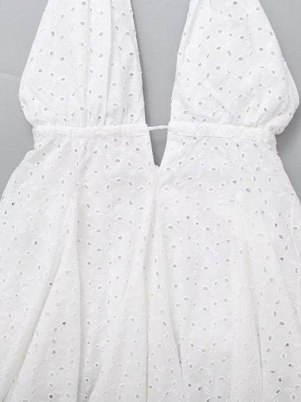 Levoire | Robe courte dos nu à nouer col en V brodée à bretelles sans bretelles