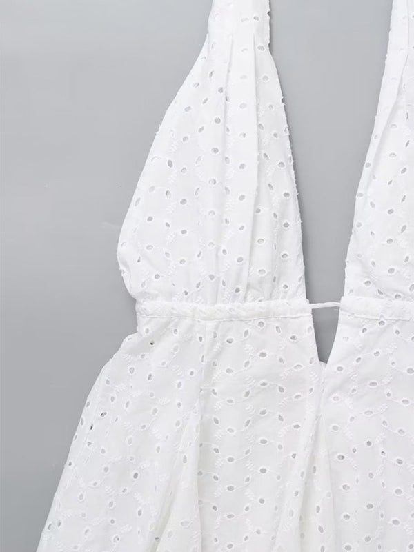 Levoire | Robe courte dos nu à nouer col en V brodée à bretelles sans bretelles