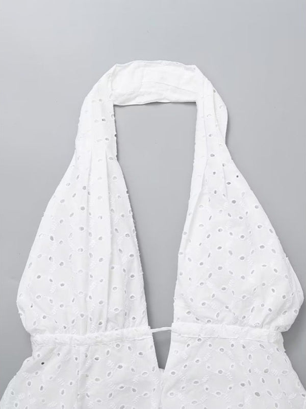 Levoire | Robe courte dos nu à nouer col en V brodée à bretelles sans bretelles