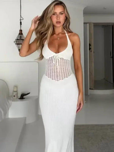 Levoire | Nouvelle mode femme col sexy décolleté profond dos nu tricot troué transparent robe