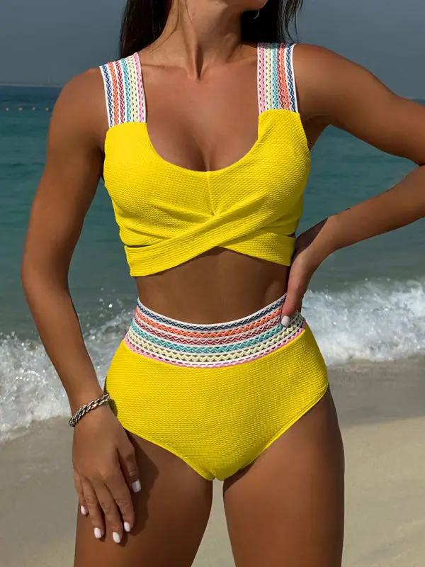 Levoire | Nouvelle série de bandeau arc-en-ciel Taille haute Maillot de bain deux pièces Bikini Jaune