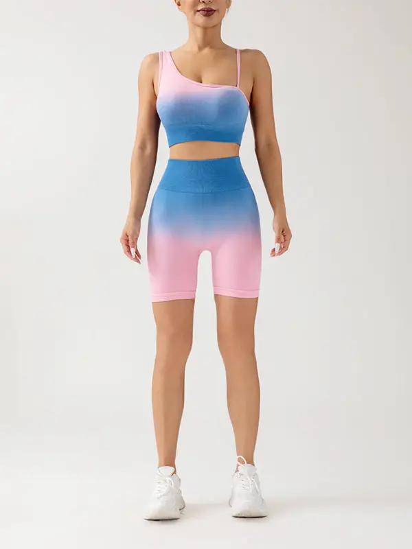 Levoire | Femmes Dégradé sans couture respirant ajusté Sport Pantalons de Yoga à Trois Points + Ensemble Top Bleu