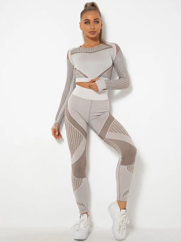 Levoire | Seamless fitted striped long-sleeved pants quick-drying yoga clothing sportswear set Braun