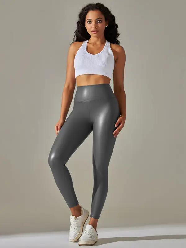 Levoire | Nouveaux leggings pour femme grande taille taille haute ajustés sexy en cuir PU pantalons de yoga colorés Gris