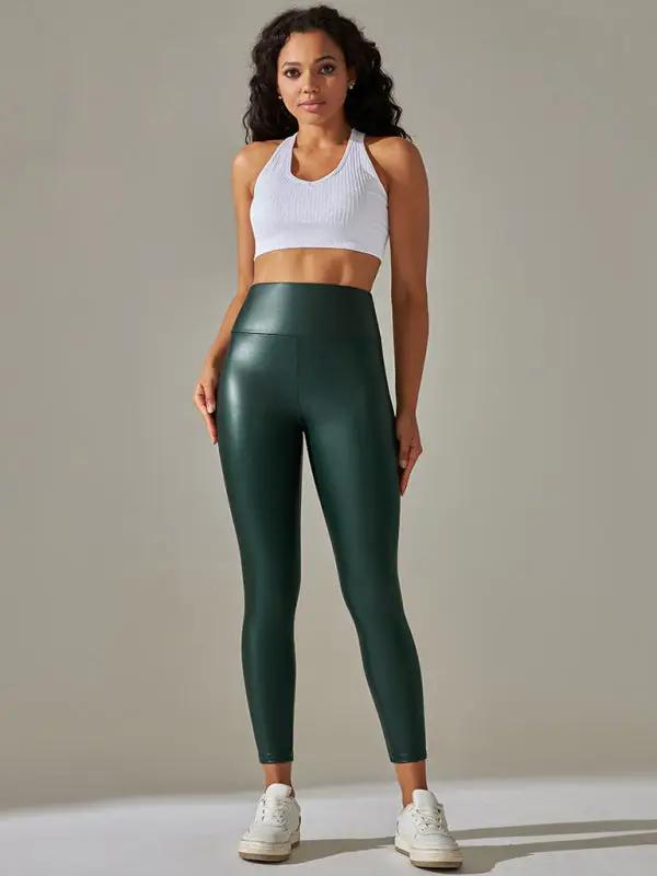 Levoire | Nouveaux leggings pour femme grande taille taille haute ajustés sexy en cuir PU pantalons de yoga colorés Vert