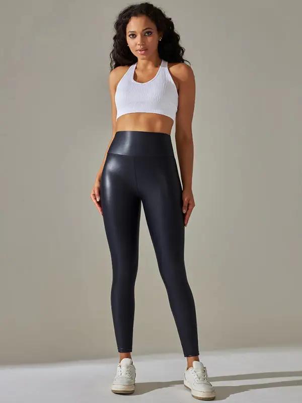 Levoire | Nouveaux leggings pour femme grande taille taille haute ajustés sexy en cuir PU pantalons de yoga colorés Couleur Champlain