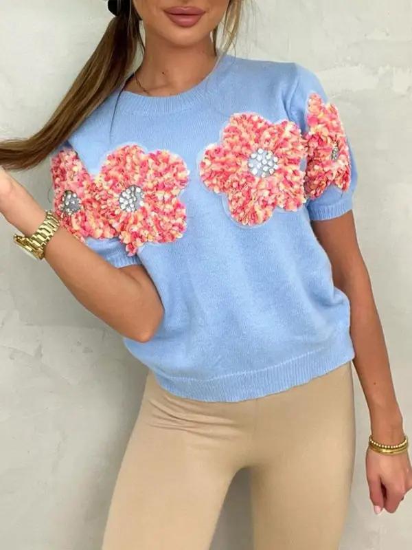 Levoire | Nouveau sweat-shirt rond en fleurs contrastantes rose doux à manches courtes Bleu